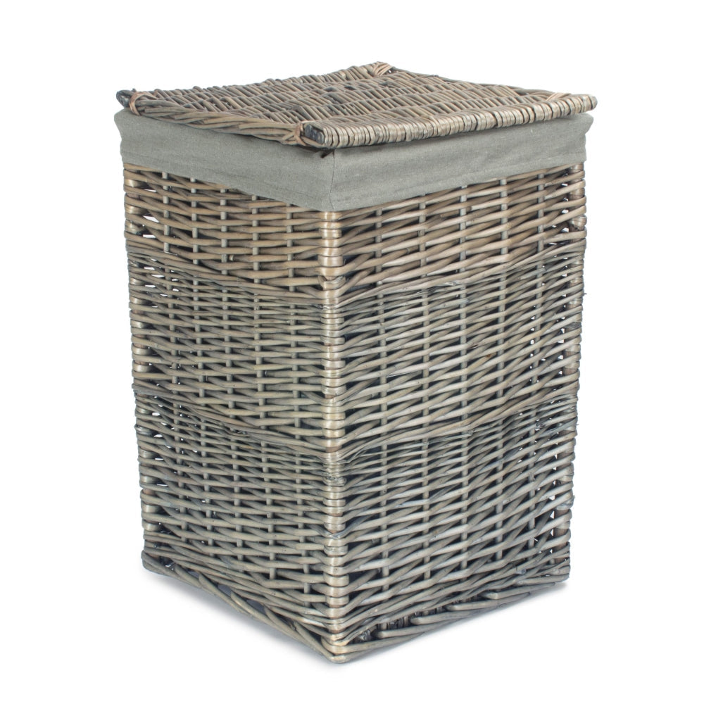 Antique Wash Square Laundry Basket with Grey Sage Lining – Rustic Wicker Storage Hamper