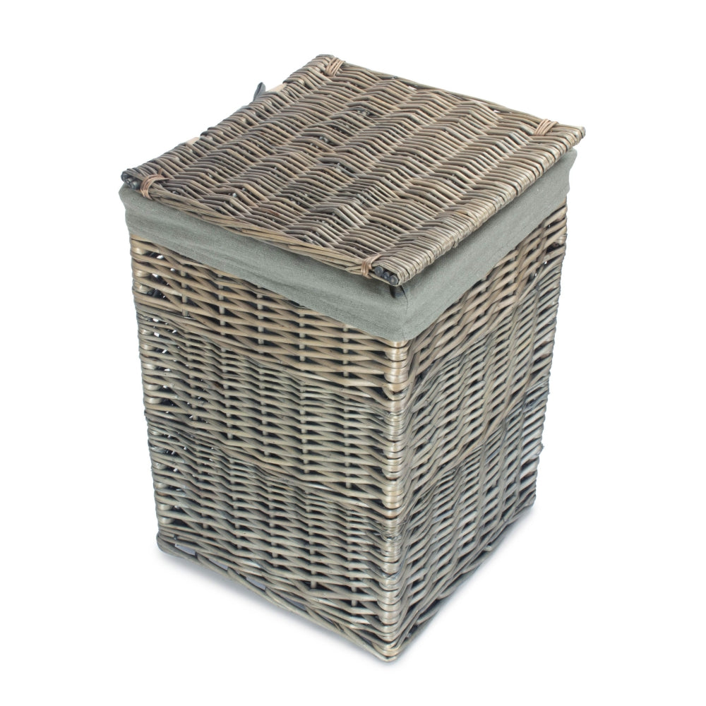 Antique Wash Square Laundry Basket with Grey Sage Lining – Rustic Wicker Storage Hamper