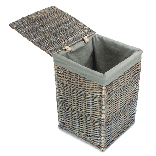 Antique Wash Square Laundry Basket with Grey Sage Lining – Rustic Wicker Storage Hamper