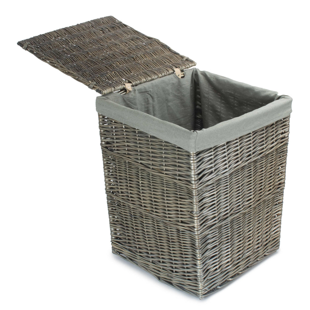 Antique Wash Square Laundry Basket with Grey Sage Lining – Rustic Wicker Storage Hamper