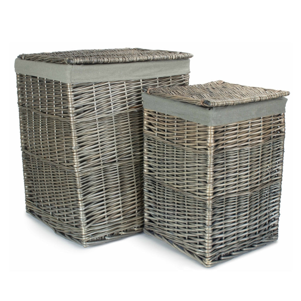 Antique Wash Square Laundry Basket with Grey Sage Lining – Rustic Wicker Storage Hamper