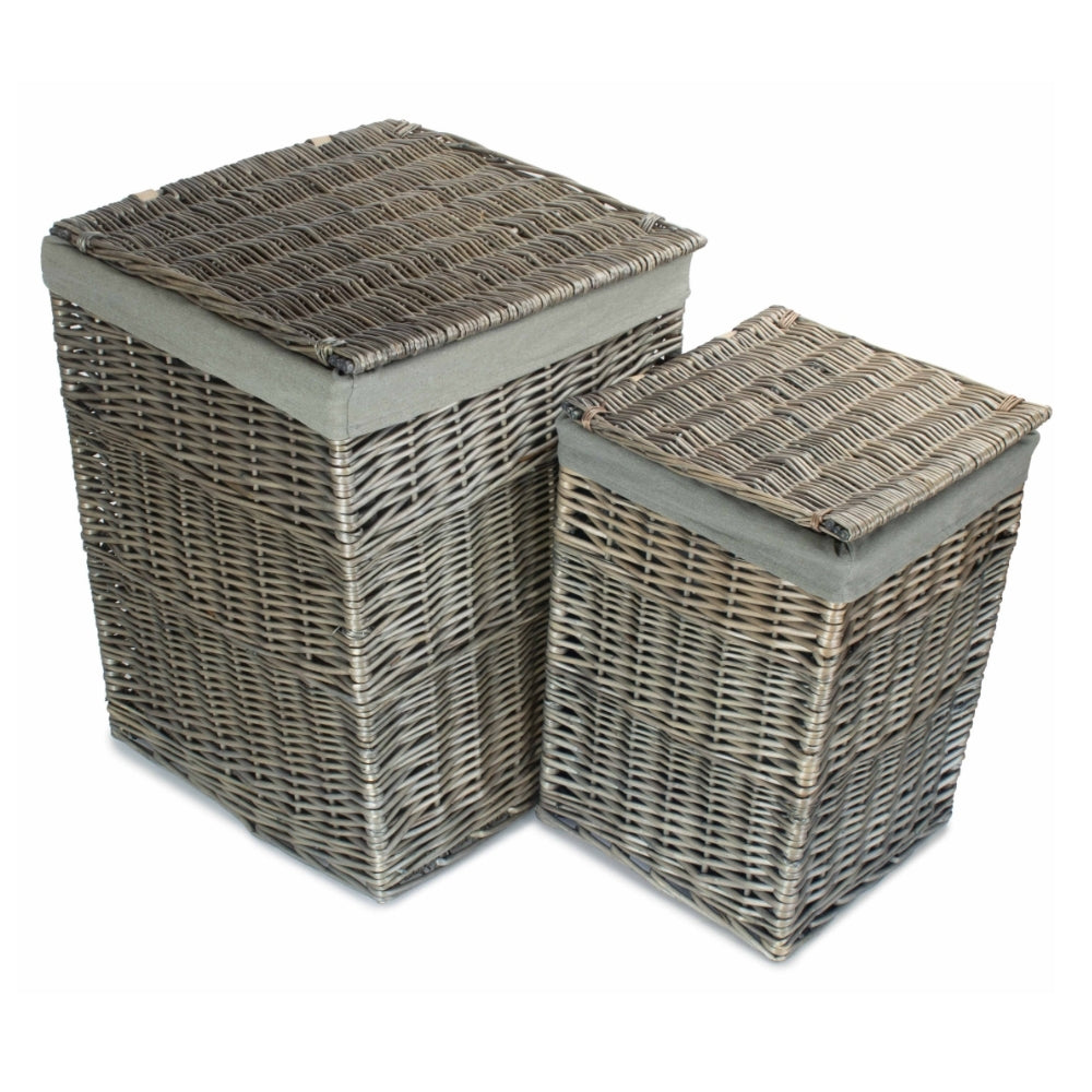 Antique Wash Square Laundry Basket with Grey Sage Lining – Rustic Wicker Storage Hamper