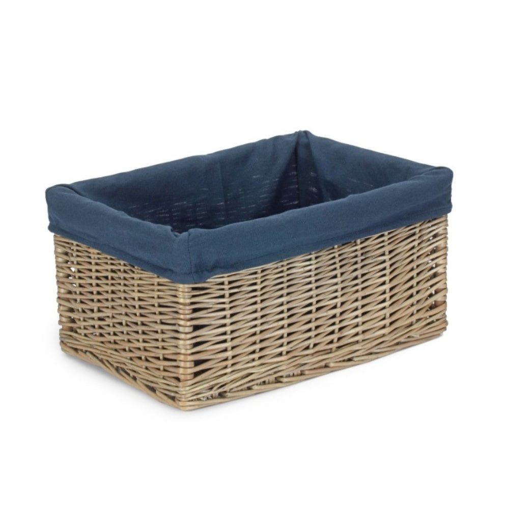 Antique Wash Willow Storage Basket with Navy Cotton Lining