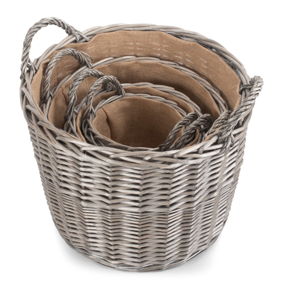 Round Antique Wash Finish Wicker Lined Wicker Log Basket-2