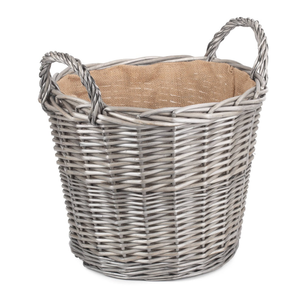 Round Antique Wash Finish Wicker Lined Wicker Log Basket-3